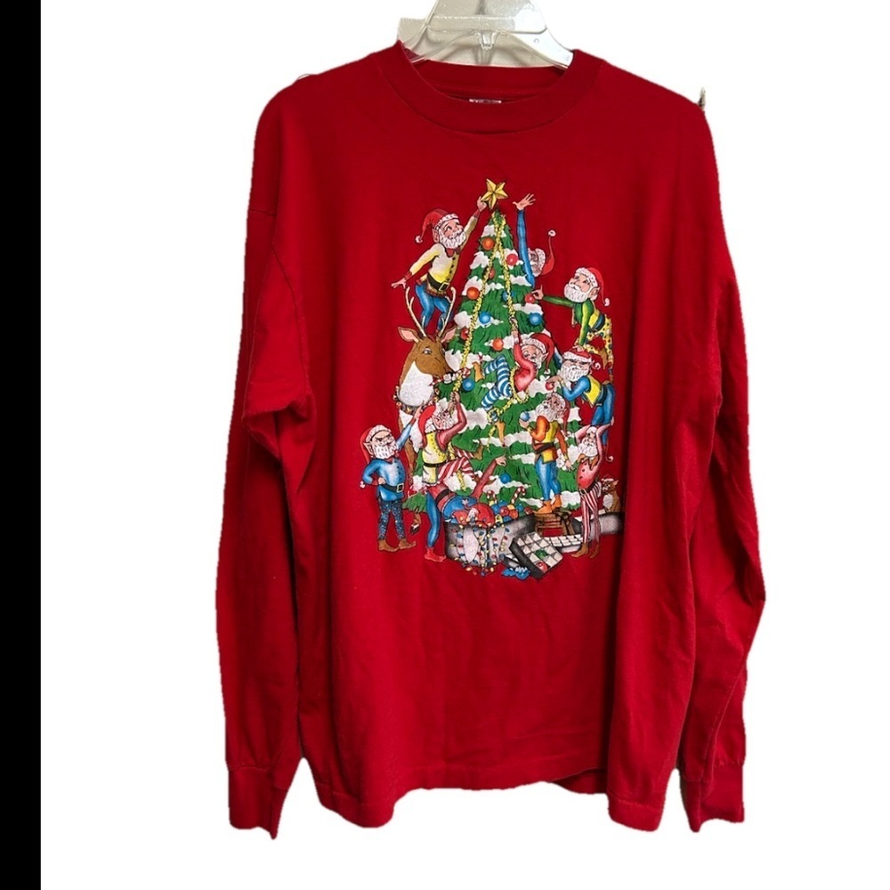 Vintage Christmas T-Shirt Size XL Long Sleeve Santa Graphic Print Red USA